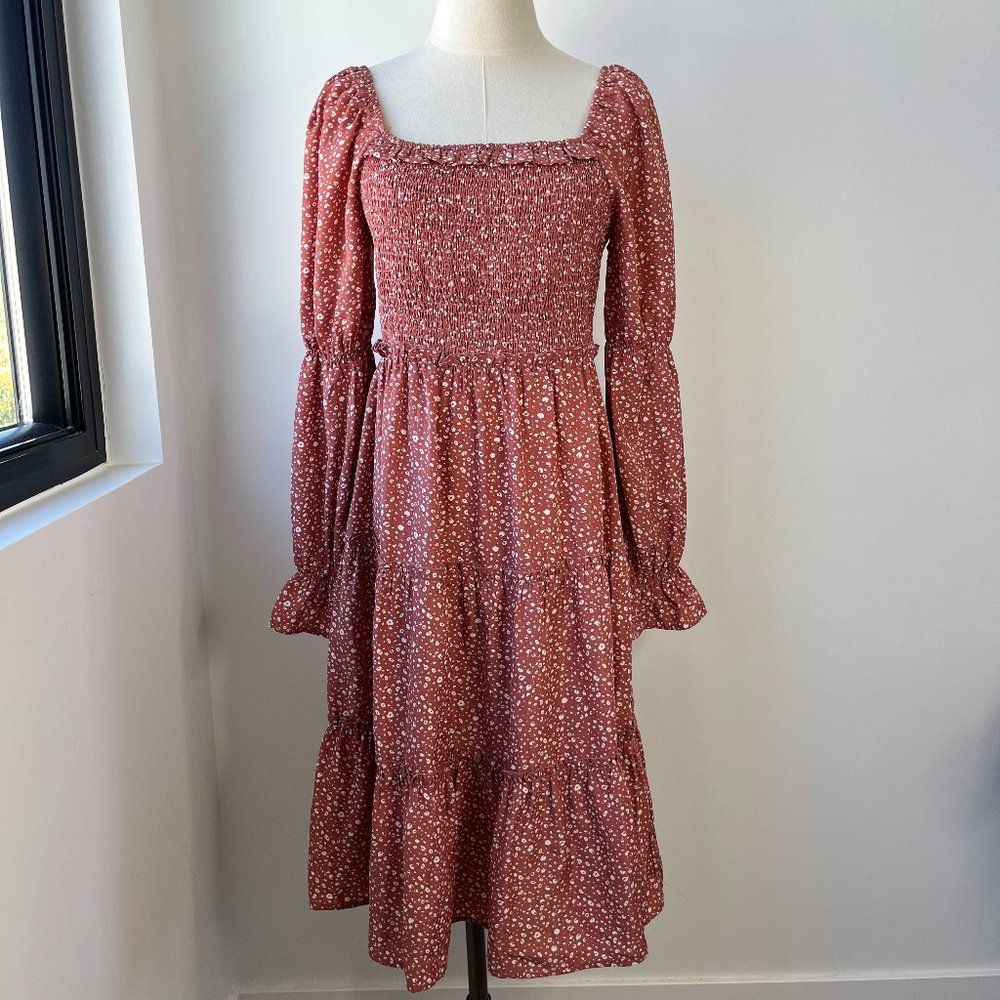 Polagram Smocked and Tiered Pink Midi Dress